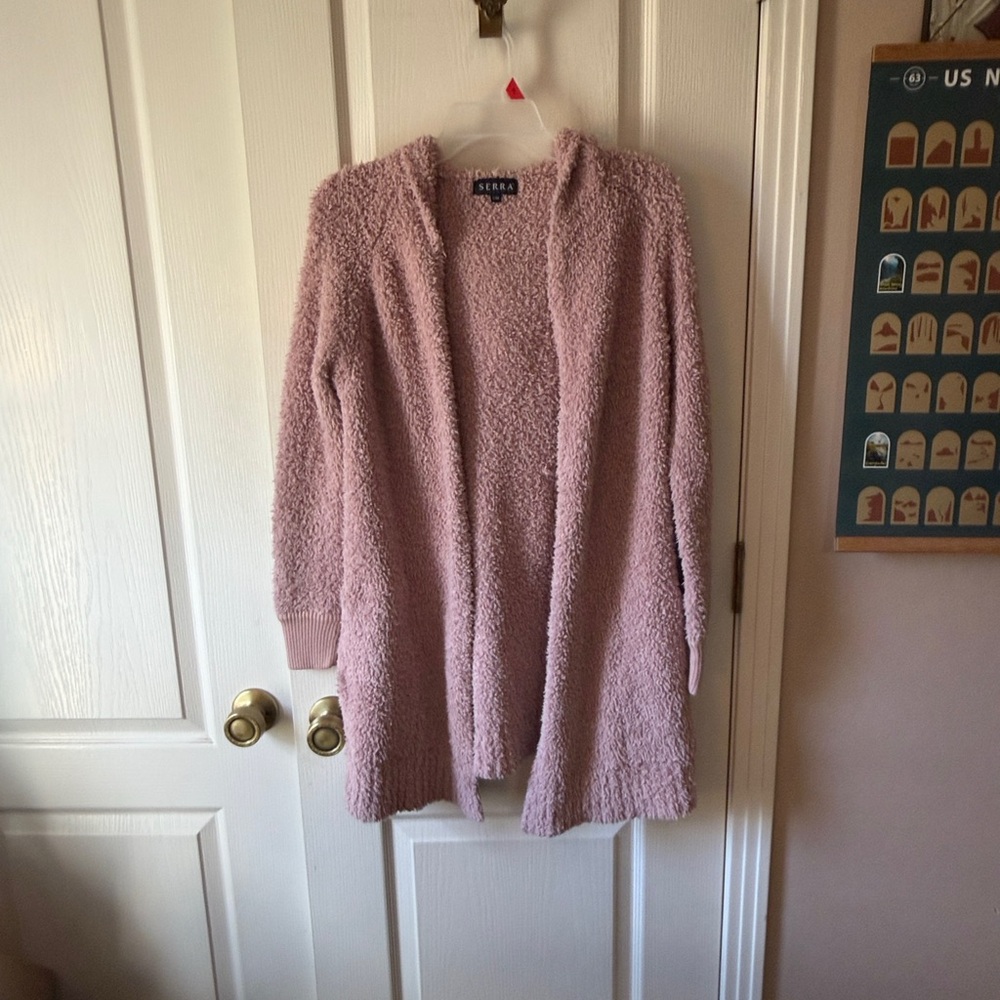 Serra Pink Fuzzy Open-Front Cardigan